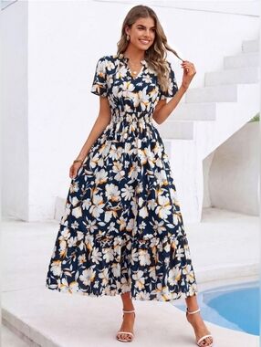 NWT Boho Floral Maxi Dress L 12-14 Navy Smocked Waist Tiered Flowy Summer